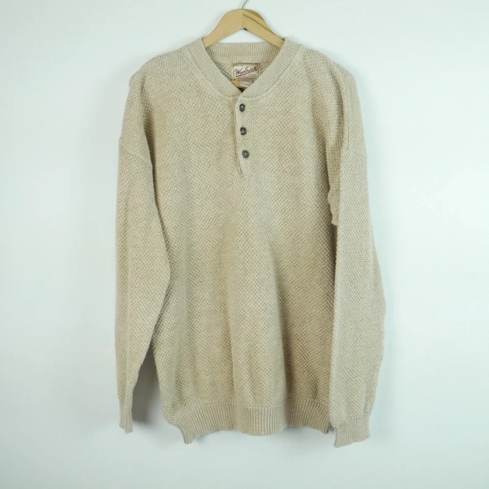 Vintage Woolrich XL Beige Cotton Blend Henley Sweater Chunky Knit Y2K Fisherman